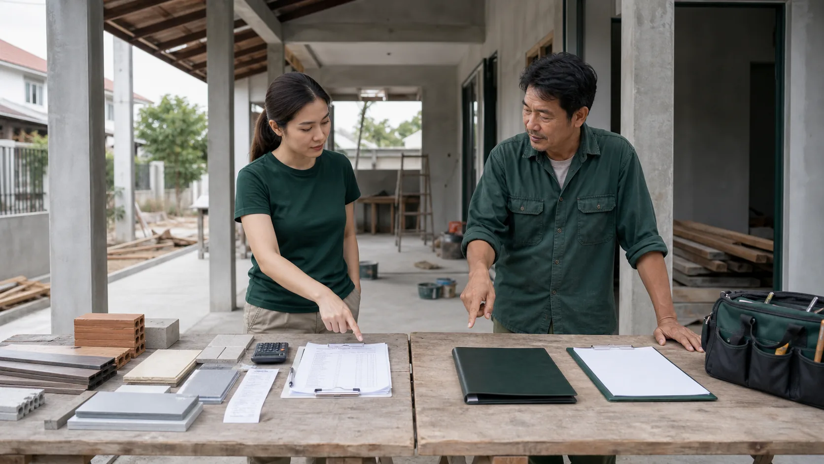 ทีมงานตรวจสอบตัวอย่างวัสดุก่อสร้างและรายการเช็คลิสต์ที่หน้างาน