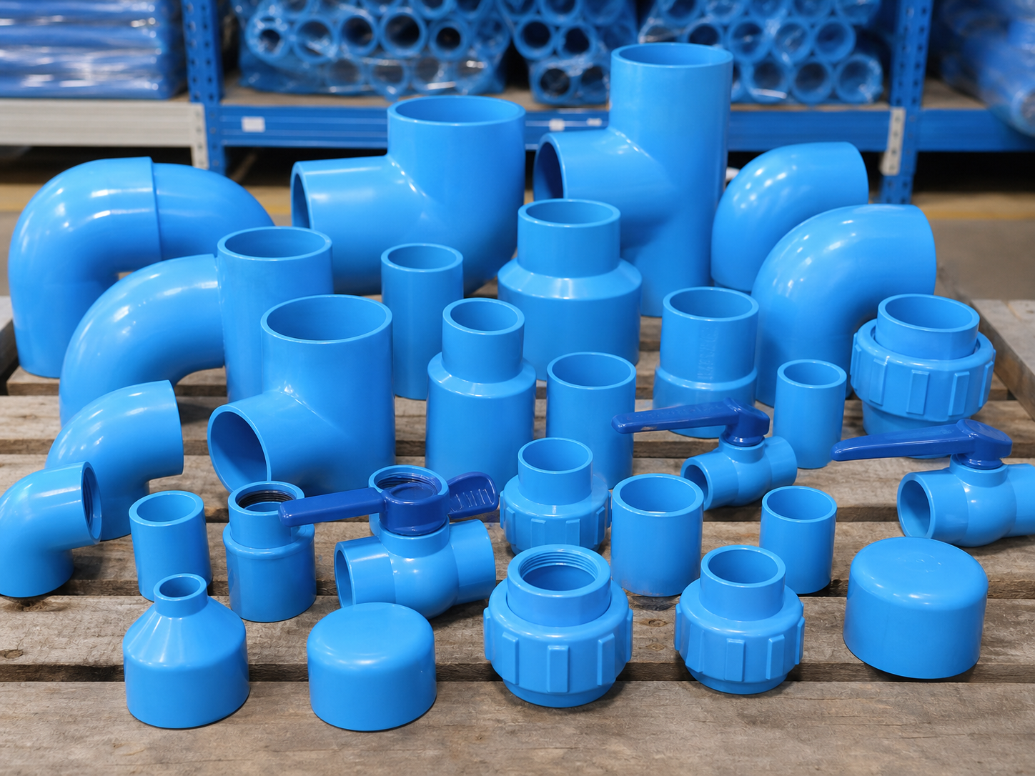 ข้อต่อและอุปกรณ์ PVC สีฟ้าสำหรับงานเดินท่อ